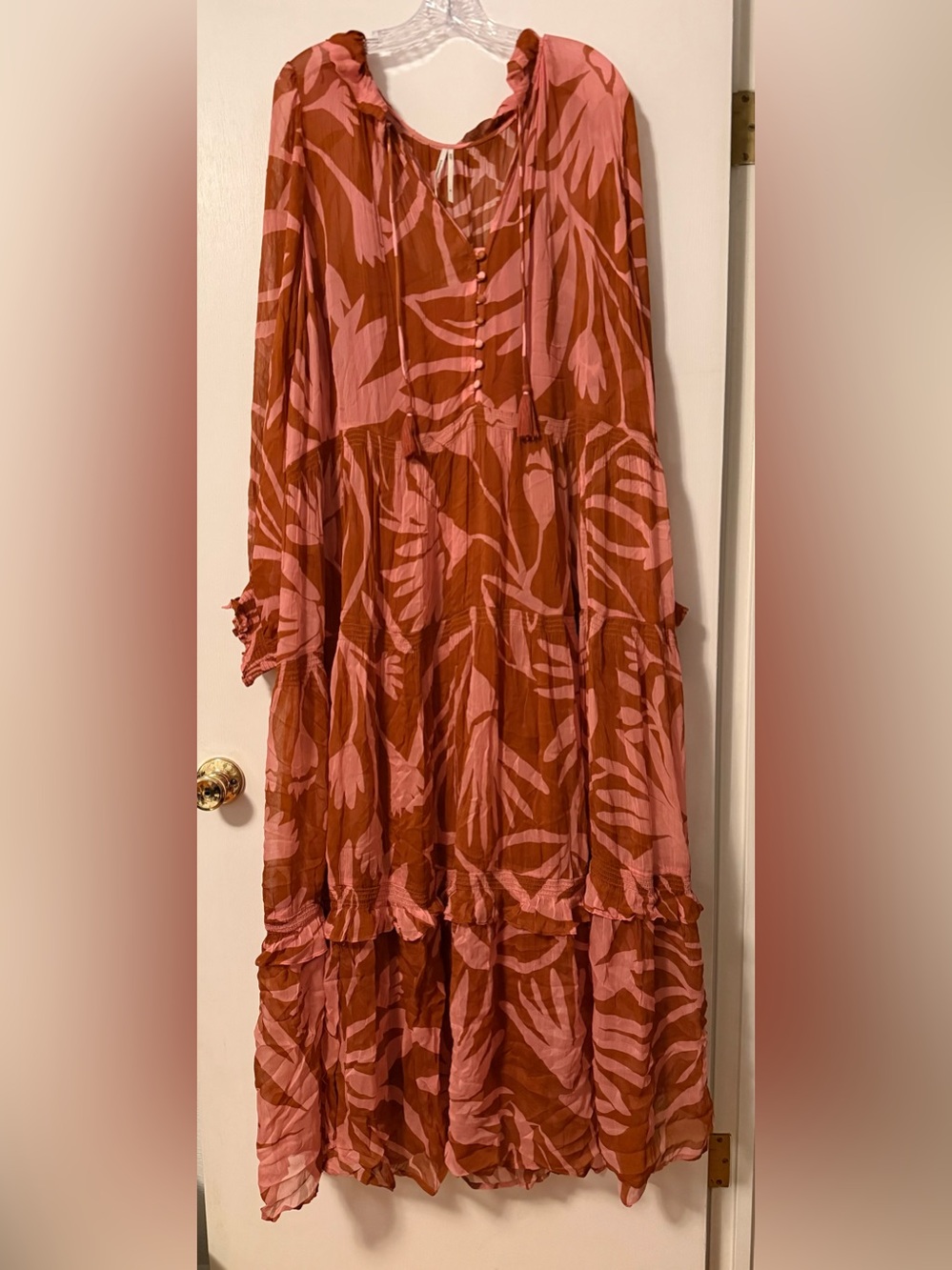 Anthropologie Anthro Marais Chiffon Tiered Button Maxi Dress Rust Pink 3X Plus